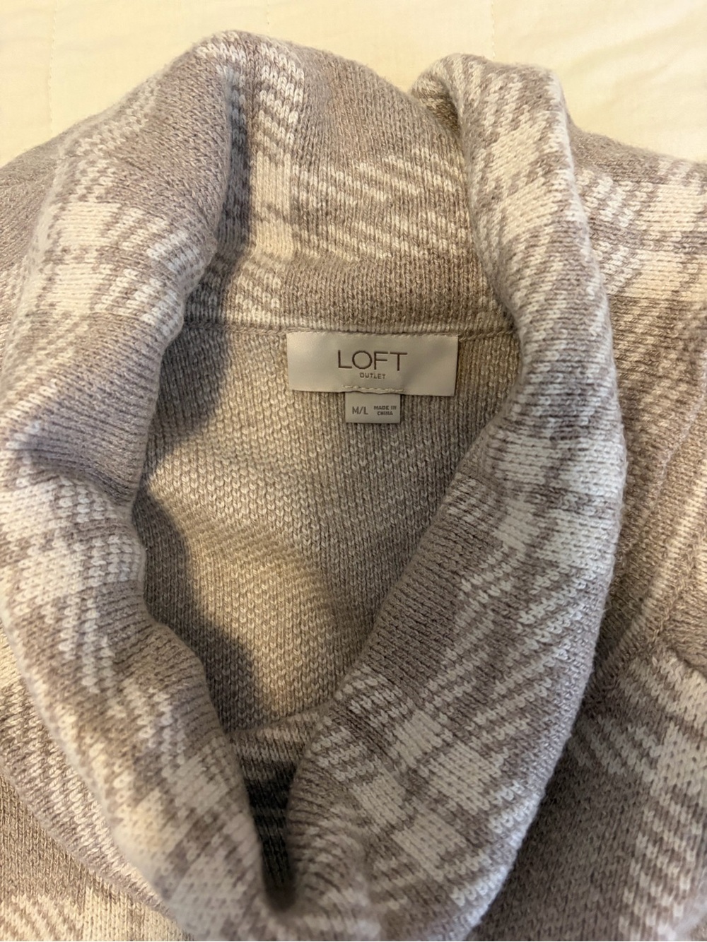 LOFT Plaid Cowl-Neck Sweater in Taupe and Cream - Picture 3 of 3